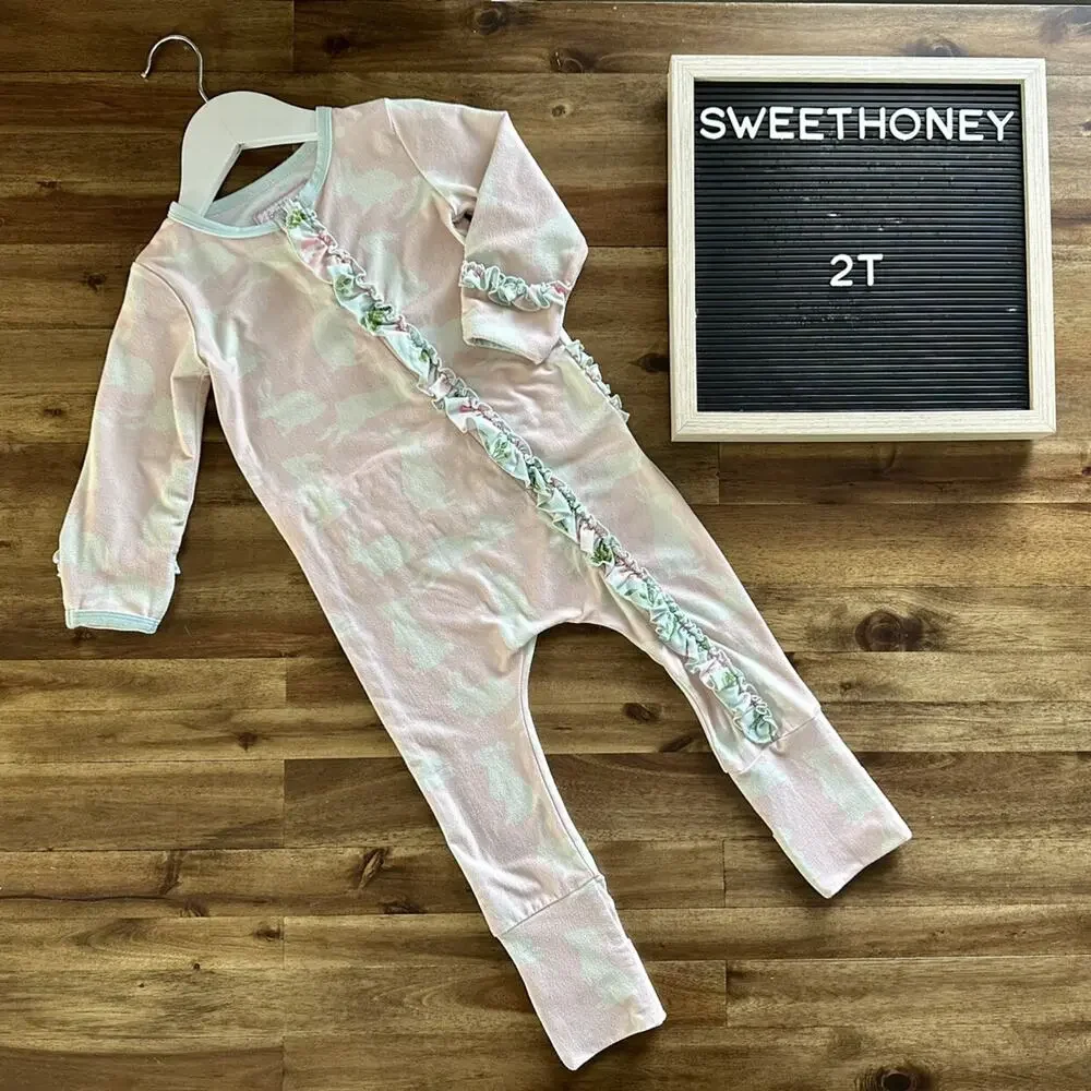 SweetHoney Dreamer Pajama Layette Pink Green Bunny Frolic Long Sleeve Ruffle 2T